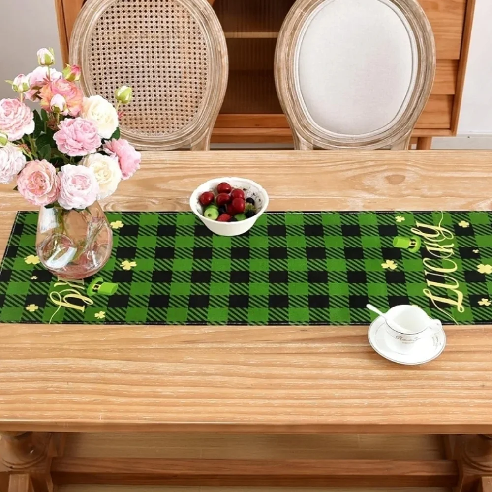 EEIVS St. Patrick's Day Green and Black Plaid Lucky Table Runner 13x36 Inches